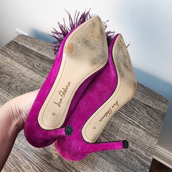 Sam Edelman Haide Feather Suede Leather Pom Pom Stiletto Pumps Heels Size 6 Glam - Picture 5 of 7